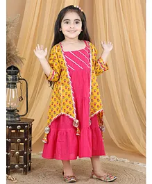 Kinder Kids Three Fourth Sleeves Lace Work Embellished   Dress With Floral Printed Tassel Detailed Jacket - Pink & Yellow