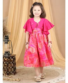 Kinder Kids Flutter Half Sleeves Jacket With Ethnic Motif  Foil Printed Dress Embroidered Jacket - Pink