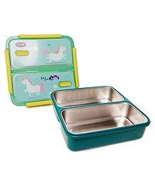 YOUP Stainless Steel Green Color Unicorn Theme Kids  Bento Lunch Box With 2 Compartments PLUTO-1100 ml