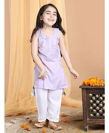 Kinder Kids Sleeveless Lurex Striped & Jaipuri Flower Motif Embroidered Kurta With Coordinating Gota Lace Embellished Pant - Purple & White