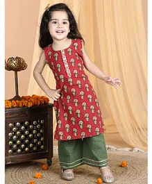 Kinder Kids Sleeveless Floral Motif Printed & Striped Designed Kurta With Palazzo Pant - Red & Green