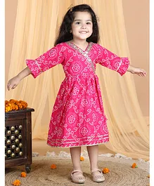 Kinder Kids Three Fourth Bell Sleeves Bandhej Designed & Sequin Lace Embellished Angrakha Style Fit & Flare Dress - Pink