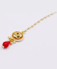 Pihoo Pearls & Jadtar Kundan Stone Embellished Maang Teeka - Red