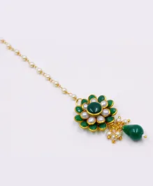 Pihoo Pearls & Jadtar Flower Kundan Stone Embellished Maang Teeka - Green