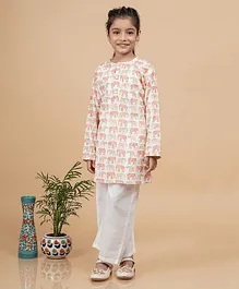 BabyZinnia Jaipur 100% Cotton Full Sleeves Elephants Printed Kurta With Pyjama - Rose Gold & White