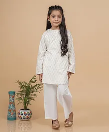 BabyZinnia Jaipur 100% Cotton Full Sleeves Ethnic Floral Printed Kurta With Pyjama - Golden & White
