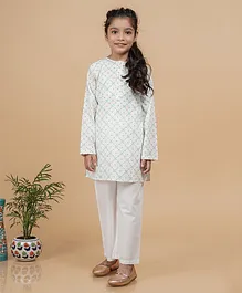 BabyZinnia Jaipur 100% Cotton Full Sleeves Lattice Motif Printed Kurta With Pyjama - Sea Foam Blue & White