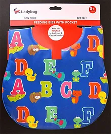 Ladybug Feeding Crumb Catcher Bib With Pocket Alphabets Design - Blue