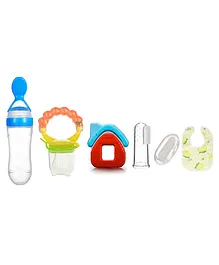 Kritiu Baby Silicone Food Feeder Fruit Feeder Water Filled Teether Fingure Brush With Case And Bib Combo Of 5 - Multicolor
