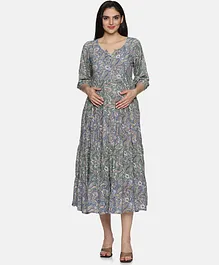 CHARISMOMIC Georgette Three Fourth Sleeves Floral & Paisley Printed Layered Maternity & Nursing Dress With Concealed Zipper Access - Aqua Blue