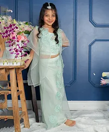 Kirti Agarwal Pret N Couture Flower Embroidered  Sea Green Crop Top With Layered Palazzo And Cape For Girls - Sea Green