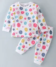 Ollypop Cotton Knit Full Sleeves Smiley Printed Night Suit - White