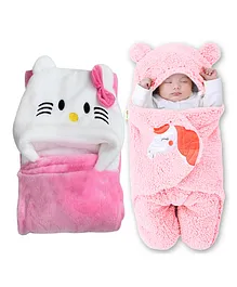 Oyo Baby Baby Blankets New Born Combo Pack of Hooded Wrapper Sleeping Bag and Baby Bath Towel for Babies Pack of 2 Pink