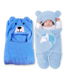 Oyo Baby Baby Blankets New Born Combo Pack of Hooded Wrapper Sleeping Bag and Baby Bath Towel for Babies Pack of 2 Blue