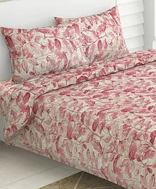 Haus & Kinder Leafy Oasis Pink 186 TC 100 % Cotton Printed Double Bedsheet - Sand & Red