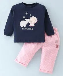 FIRST SMILE Interlock Full Sleeves T-Shirt & Lounge Pant With Teddy Embroidery - Blue & Pink