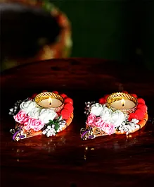 Passion Petals Decorative Tlight With Red Pom Pom  Flowers & Ganeshji - Pack of 2