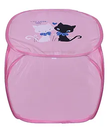 Kuber Industries Laundry Basket Cat Print Polyester Foldable Laundry Basket  Collapsible Laundry Basket  Square Clothes Storage Box With Lid & Side Handles  45 Liter  Pink
