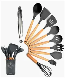 Evafly Kitchen Tool Set Cooking Silicone Turner Whisk Spoon Brush Silicon Spatula Set Ladle Slotted Tongs Pasta Fork Set of 10 - Grey