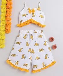 Many frocks & Sleeveless Baby Lion Printed Frill Detailed Top With Coordinating Palazzo Set - White