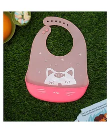 Yellow Bee Silicone Kitty Print Bib with Crumb Catcher and Adjustable Closure for Girls - Pink