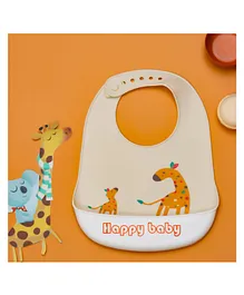 Yellow Bee Silicone Giraffe Print Bib  with Crumb Catcher and Adjustable Closure for Boys - Beige