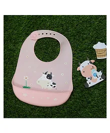 Yellow Bee Silicone Cow Print Bib  with Crumb Catcher and Adjustable Closure for Girls - Pink