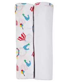 My Milestones 3 in 1 Muslin Swaddle Wrapper Pack of 2 (Size 41x41 Inches) Carnival Print - Blue & White