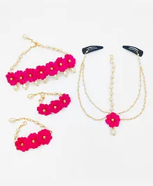 Lime By Manika Set Of 4 Nargis Floral Applique Detailed Head Chain Bracelets & Necklace Set- Dark Pink, Gold
