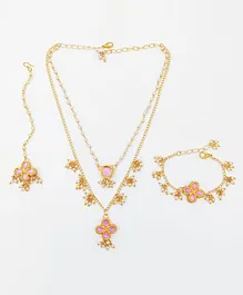 Lime By Manika Set Of 3 Kundan & Pearls Embellished Layered Necklace Bracelet & Maang Teeka Set - Light Pink & Golden