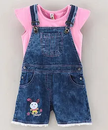 Enfance Core Cap Sleeves Solid Tee With Bunny Embroidered Dungaree - Pink