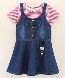 Enfance Core Half Sleeves Pencil Striped Tee With Dungaree Style Denim Dress - Red & Blue