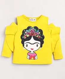 M'andy Cold Shoulder Full Sleeves Sequin Embellished Girl Sinker Top - Yellow