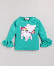 M'andy Full Frill Sleeves Unicorn Embroidered   Sinker Top - Green