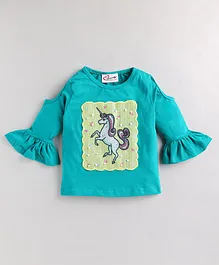 M'andy  Full Frill Sleeves Unicorn Embroidered & Pearl Embellished Sinker Top - Green