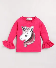 M'andy Full Frill Sleeves Unicorn Sequin Embellished   Sinker Top - Magenta Pink