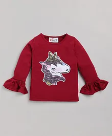 M'andy Full Frill Sleeves Unicorn Sequin Embellished  Sinker Top - Maroon