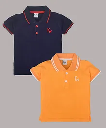 Kiwi 100% Cotton Pack Of 2 Half Sleeves Placement Brand Name Embroidered Polo Tees - Golden & Navy Blue
