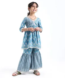 Teentaare Cotton Dc Half Sleeves Floral Printed Kurta & Sharara Set - Blue