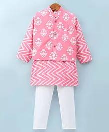 Teentaare Cotton Full Sleeves Kurta Floral Printed with Pyjama Set & Jacket - Pink
