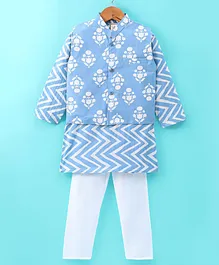 Teentaare Cotton Full Sleeves Kurta Floral Printed with Pyjama Set & Jacket  - Blue