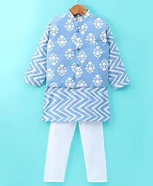 Teentaare Cotton Full Sleeves Kurta Floral Printed with Pyjama Set & Jacket  - Blue