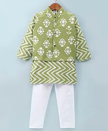 Teentaare Cotton Full Sleeves Kurta Floral Printed with Pyjama Set & Jacket  - Lime  Green