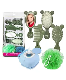 Majestique Grooming and Bath Kit  6 Piece Hair brush Hair Comb Face Mirror Ball Loofah with Silicon Bathing Brush Perfect for Grooming and Bathing Accessories for Baby Boys Girls Kids -Multicolor