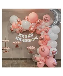 Special You Birthday Decoration DIY Combo Kit Star & Moon Theme with Rose gold Stars and Silver Moon Foil balloons & Pink and White Balloons- Multicolor- Pack of  74 Items
