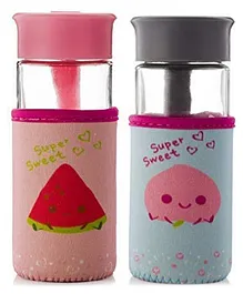 U-Grow Borocilicate Wide Neck Glass Bottle with Insulated Cover Pink & Grey Pack of 2 - 300 ml