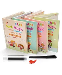 Domenico World Magic Practice Copy Book for Kids 4Pcs Magic Book with Pens Calligraphy Books for Beginners Practice Magical Reusable Hand Writing Book - English
