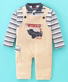 Jb Club Full Sleeves Sinker Double Striped Tee With Aeroplane Embroidered Dungaree - Beige