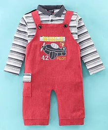Jb Club Full Sleeves Sinker Double Striped Tee With Aeroplane Embroidered Dungaree - Red