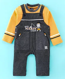Jb Club Full Sleeves Solid Tee With Text Embroidered Dungaree Set - Yellow